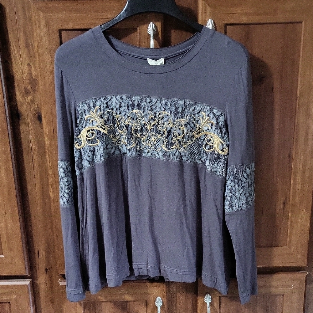 POL Charcoal Lace Top with Gold Embroidery